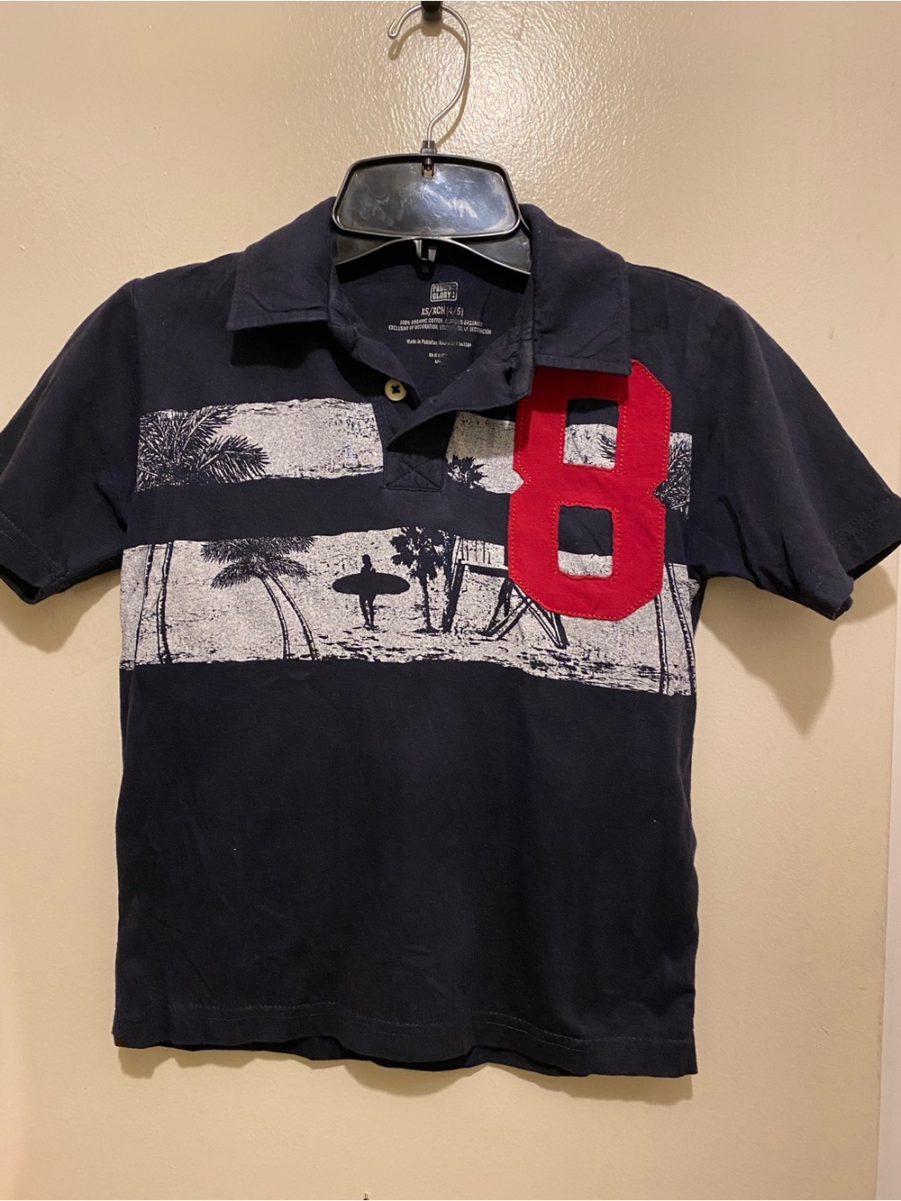 Faded Glory Boys XS Navy Polo Shirt with Red '8' Patch (c)